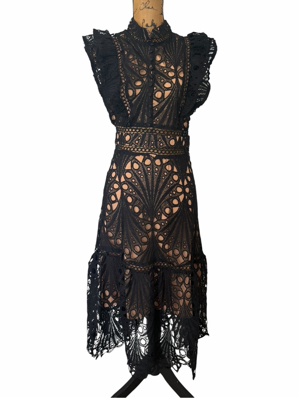 NWT Dalia MacPhee Black Lace Illusion Midi Dress Ruffle Sleeve Formal Size M - Picture 2 of 7